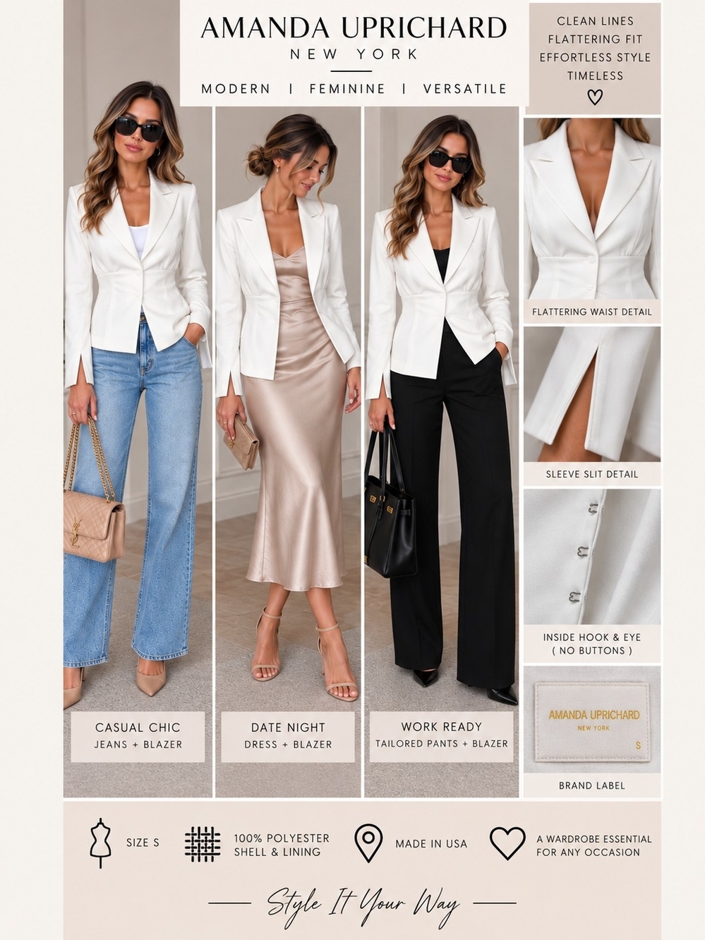 Amanda Uprichard White Tailored Blazer Size S – Hook & Eye Closure